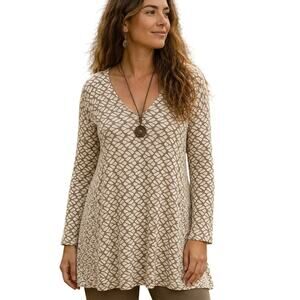 Tianello Cream Jacquard Payton Tunic Womens Large Knit Lagenlook Top Mixed Print